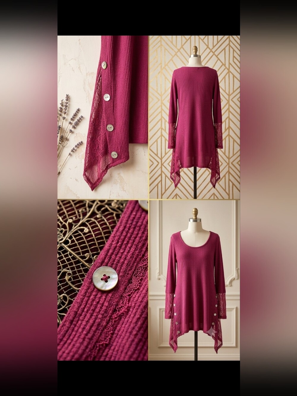 Ribbed Lace-Hem Asymmetrical Tunic — Berry